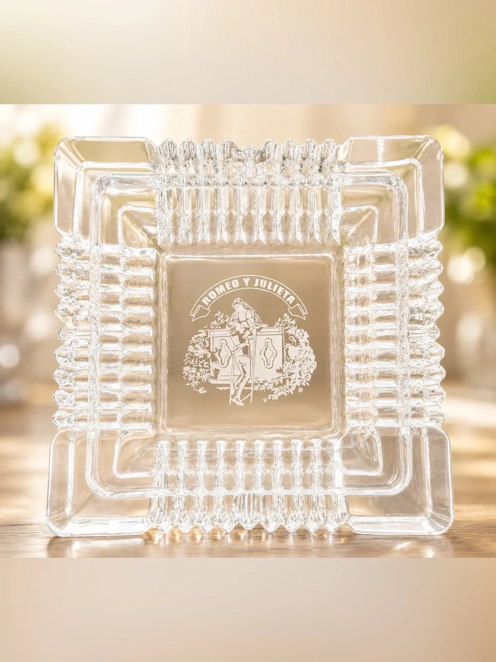 Romeo y Julieta Square Clear Glass Ashtray with Logo, 7” x 7” Tobacco Ashtray